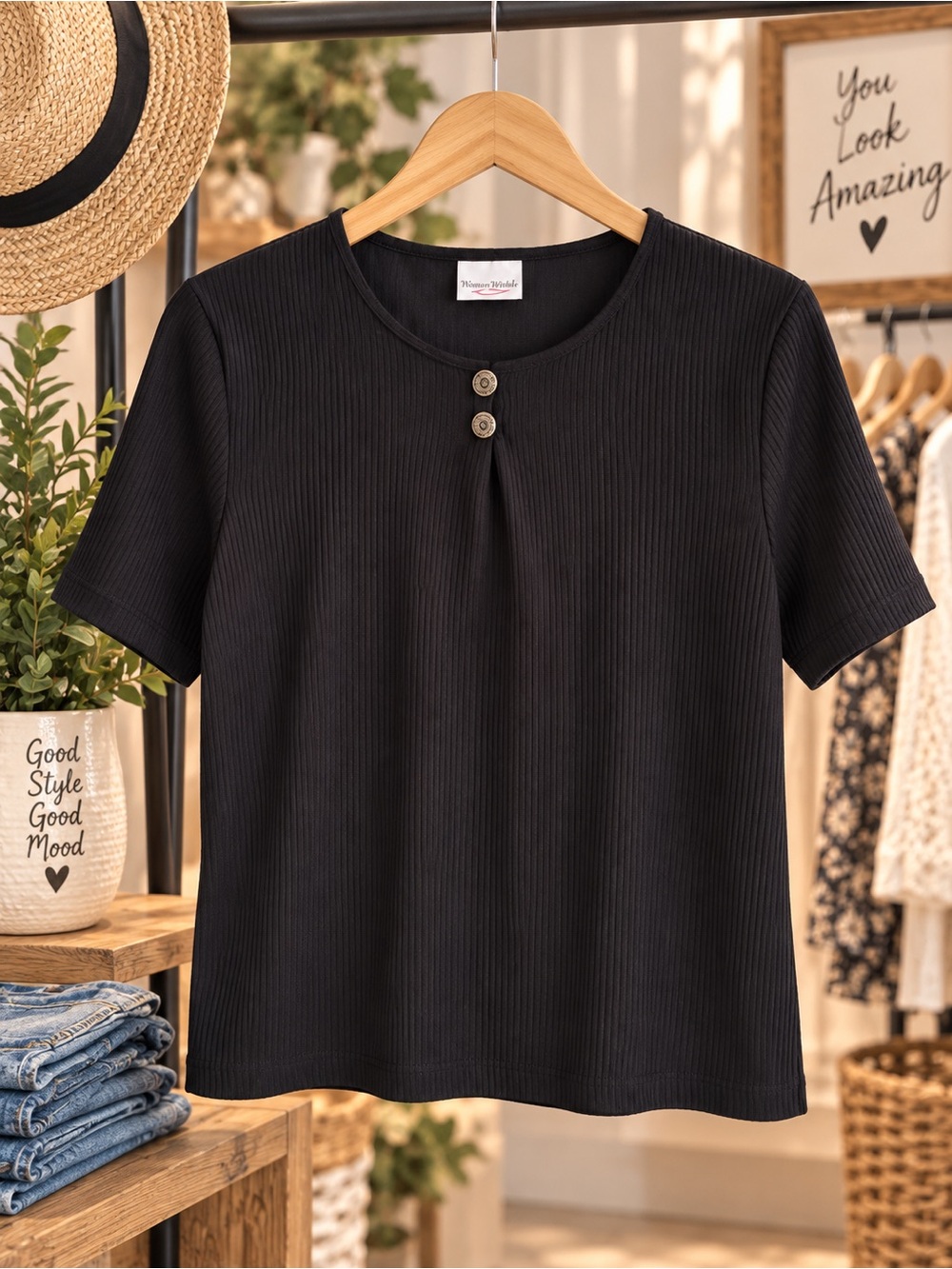 Bobbie Brooks Black Ribbed Short-Sleeve Top with Button Placket